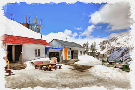 Oil paint on canvas. Picture with photo, imitation of painting. Illustration. Great Caucasus Range. A small cafe on the alpine slopes of mountain Chegetの写真素材