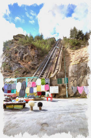Oil paint on canvas. Picture with photo, imitation of painting. Illustration. Canyon of Adyr-Su. Mountain road. Funicular for getting up of cars on the top of mountainの写真素材