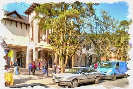 Picture from a photo. Oil paint. Imitation. Illustration. City resort in the Kaliningrad region. Facade of the railway station buildingの写真素材