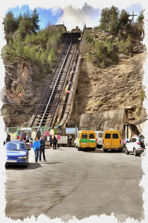 Oil paint on canvas. Picture with photo, imitation of painting. Illustration. Canyon of Adyr-Su. Mountain road. Funicular for getting up of cars on the top of mountainの写真素材