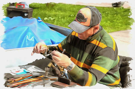 Picture from a photo. Oil paint. Imitation. Illustration. The master of glassblower makes glass souvenirs for saleの写真素材