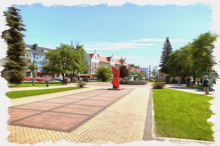 Picture from a photo. Oil paint. Imitation. Illustration. The square in front of the intersection of Theater Street and Leninsky Prospekt in the city centerの写真素材