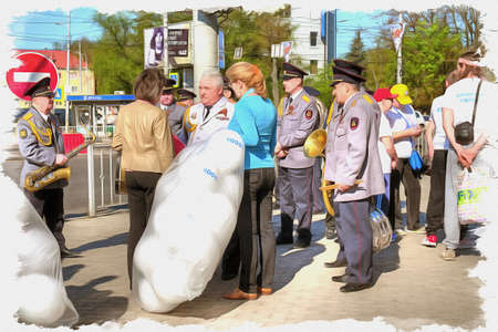 Picture from a photo. Oil paint. Imitation. Illustration. Residents of the city are waiting for the...