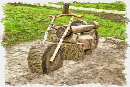 Picture from a photo. Oil paint. Imitation. Illustration. Funny motorcycle in the park of Moris Bekker in the village of Yantarny. Landscapingの写真素材