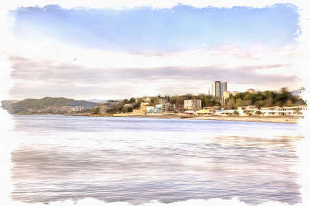 Oil paint on canvas. Picture with photo, imitation of painting. Illustration. View of the Black Sea coast of Sochiの写真素材