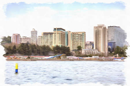 Oil paint on canvas. Picture with photo, imitation of painting. Illustration. Modern urban building resorts and hotels on the shores of the Black Seaの写真素材
