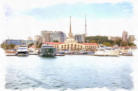 Oil paint on canvas. Picture with photo, imitation of painting. Illustration. Cutters are in marine port of cityの写真素材