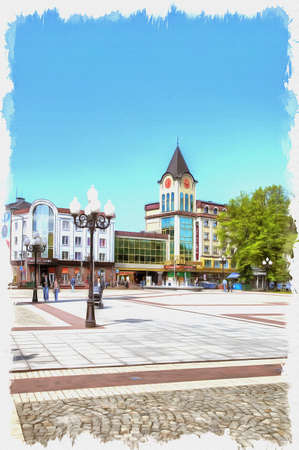 Picture from a photo. Oil paint. Imitation. Illustration. Shopping center building on Victory Squareの写真素材