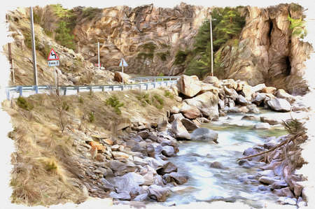 Oil paint on canvas. Picture with photo, imitation of painting. Illustration. Canyon and river Adir-Su. Road to the funicular on the edge of the mountain riverの写真素材