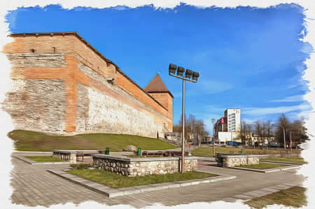 Picture from a photo. Oil paint. Imitation. Illustration. Lida castle. A fourteenth century citadel in the city of Lida. Republic of Belarusの写真素材