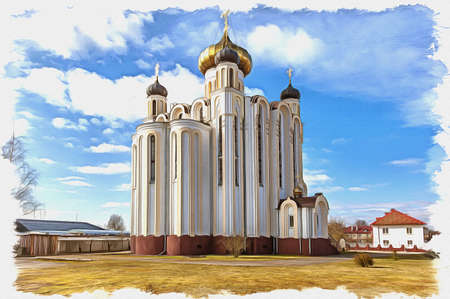 Picture from a photo. Oil paint. Imitation. Illustration. Christian Church Panteleimon the Healer in the city of Lida. Republic of Belarusの写真素材