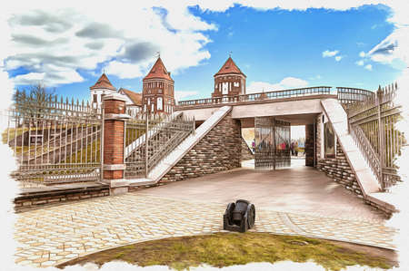 paint. Imitation. Illustration. Republic of Belarus. Mir Castle Complex. Former possessions of the princes of the Radziwills. Late 15th centuryの写真素材
