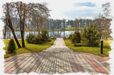 Picture from a photo. Oil paint. Imitation. Illustration. Alley to the lake in the park near the Chapel-burial-vault princes of Svyatopolk-Mirsky and Mir Castleの写真素材