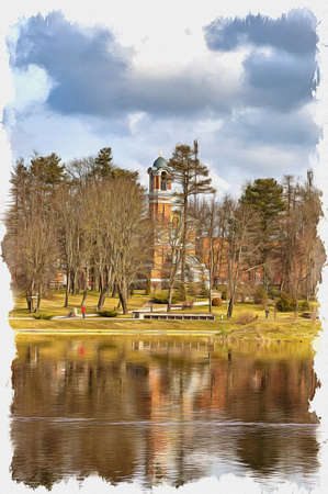 Picture from a photo. Oil paint. Imitation. Illustration. Republic of Belarus. Ancient Chapel-burial-vault princes of Svyatopolk-Mirskyの写真素材