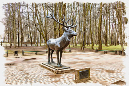 Picture from a photo. Oil paint. Imitation. Illustration. Sculpture of a Deer in the city garden named after MI Glinka. Posted by Richard Frize 1910の写真素材