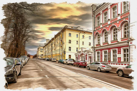 Picture from a photo. Oil paint. Imitation. Illustration. Glinka Street. Old street in the historic city centerの写真素材