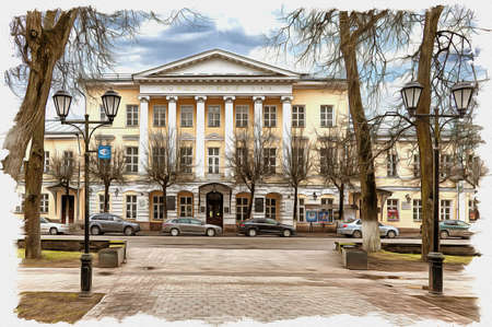 Picture from a photo. Oil paint. Imitation. Illustration. The building of the Smolensk Regional Philharmonic and the Concert Hallの写真素材