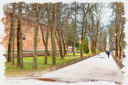 Picture from a photo. Oil paint. Imitation. Illustration. The repaired part of the old fortress wall of the Smolensk Kremlinの写真素材