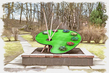 Picture from a photo. Oil paint. Imitation. Illustration. An art object in the Friendship Park. Flowerbed in the form of an artist's paletteの写真素材