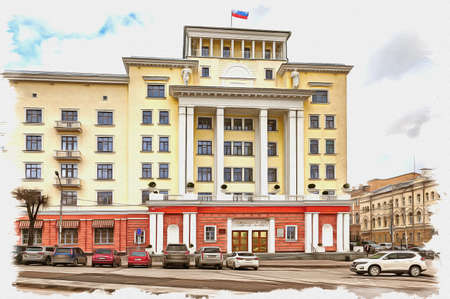Picture from a photo. Oil paint. Imitation. Illustration. The building of the Arbitration Court of the Smolensk region on Bolshaya Sovetskaya Streetの写真素材