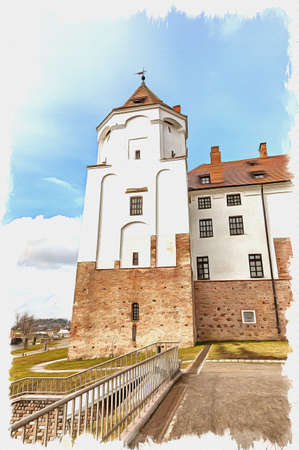 paint. Imitation. Illustration. Republic of Belarus. Mir Castle Complex. Former possessions of the princes of the Radziwills. Late 15th centuryのeditorial素材