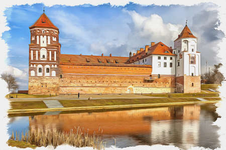 paint. Imitation. Illustration. Republic of Belarus. Mir Castle Complex. Former possessions of the princes of the Radziwills. Late 15th centuryのeditorial素材