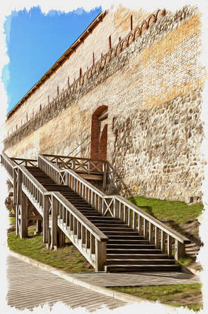 Picture from a photo. Oil paint. Imitation. Illustration. Lida castle. A fourteenth century citadel in the city of Lida. Republic of Belarusのeditorial素材