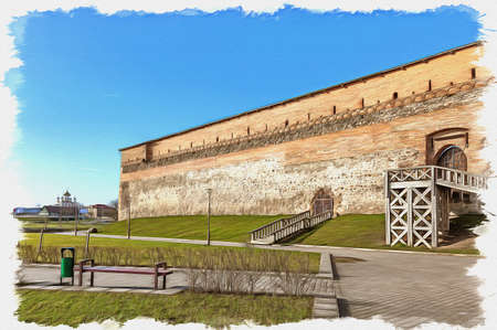 Picture from a photo. Oil paint. Imitation. Illustration. Lida castle. A fourteenth century citadel in the city of Lida. Republic of Belarusのeditorial素材