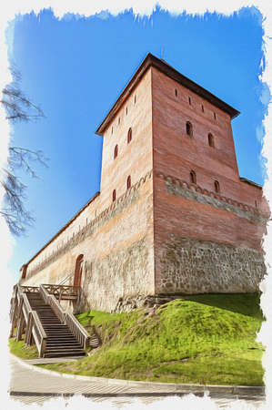 Picture from a photo. Oil paint. Imitation. Illustration. Lida castle. A fourteenth century citadel in the city of Lida. Republic of Belarusのeditorial素材