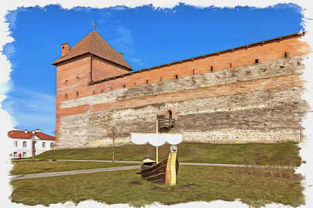 Picture from a photo. Oil paint. Imitation. Illustration. Lida castle. A fourteenth century citadel in the city of Lida. Republic of Belarusのeditorial素材
