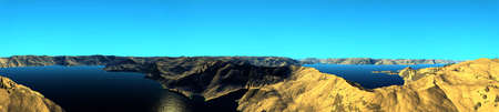 Fantasy alien planet. Mountain and lake. Panorama. 3D illustrationの写真素材