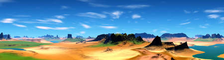Fantasy alien planet. Mountain and lake. Panorama. 3D illustrationの写真素材