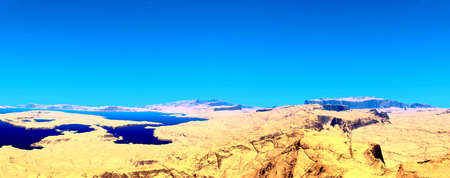 Fantasy alien planet. Mountain and lake. Panorama. 3D illustrationの写真素材