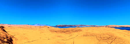 Fantasy alien planet. Mountain and lake. Panorama. 3D illustrationの写真素材