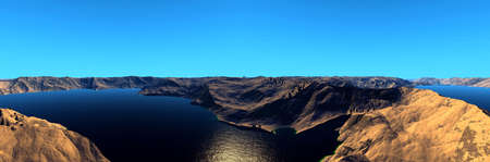 Fantasy alien planet. Mountain and lake. Panorama. 3D illustrationの写真素材