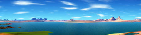 Fantasy alien planet. Mountain and lake. Panorama. 3D illustrationの写真素材