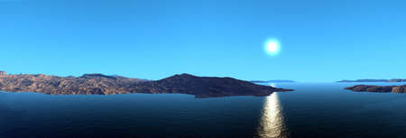 Fantasy alien planet. Mountain and lake. Panorama. 3D illustrationの写真素材