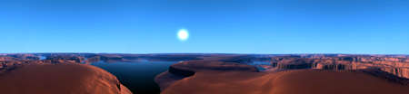 Fantasy alien planet. Mountain and lake. Panorama. 3D illustrationの写真素材