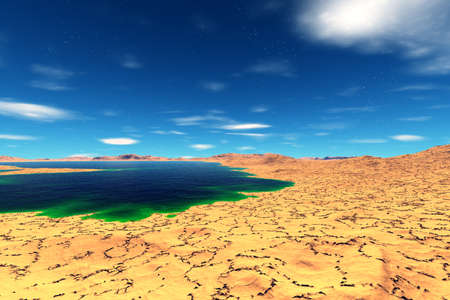 Fantasy alien planet. Mountain and lake. 3D illustrationの写真素材
