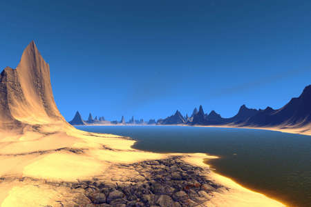 Fantasy alien planet. Mountain and lake. 3D illustrationの写真素材