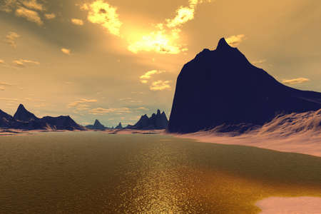 Fantasy alien planet. Mountain and lake. 3D illustrationの写真素材
