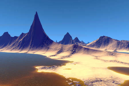 Fantasy alien planet. Mountain and lake. 3D illustrationの写真素材