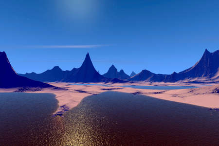 Fantasy alien planet. Mountain and lake. 3D illustrationの写真素材