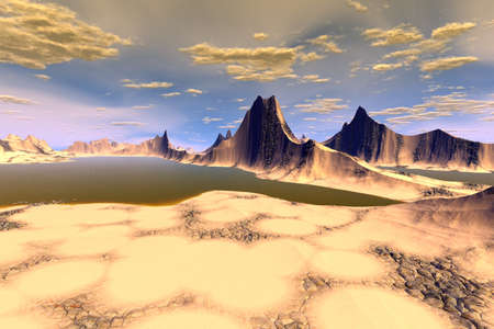 Fantasy alien planet. Mountain and lake. 3D illustrationの写真素材