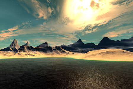 Fantasy alien planet. Mountain and lake. 3D illustrationの写真素材