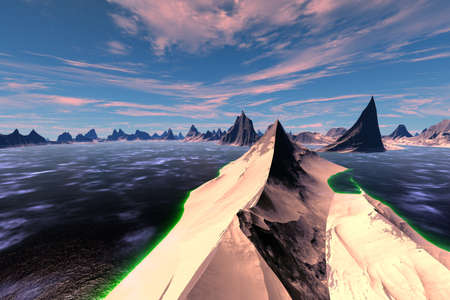 Fantasy alien planet. Mountain and lake. 3D illustrationの写真素材