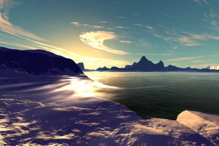 Fantasy alien planet. Mountain and lake. 3D illustrationの写真素材