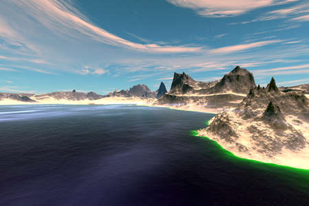 Fantasy alien planet. Mountain and lake. 3D illustrationの写真素材