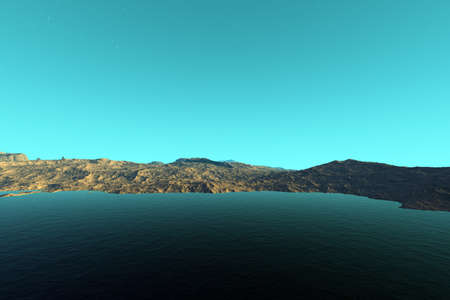 Fantasy alien planet. Mountain and lake. 3D illustrationの写真素材