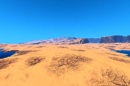 Fantasy alien planet. Mountain and lake. 3D illustrationの写真素材